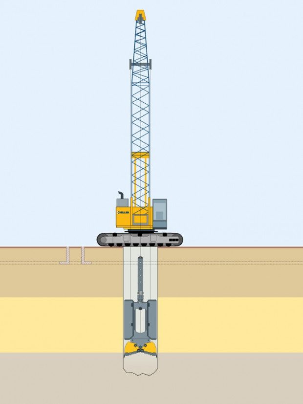 Excavator operating diagram with grapple bucket.